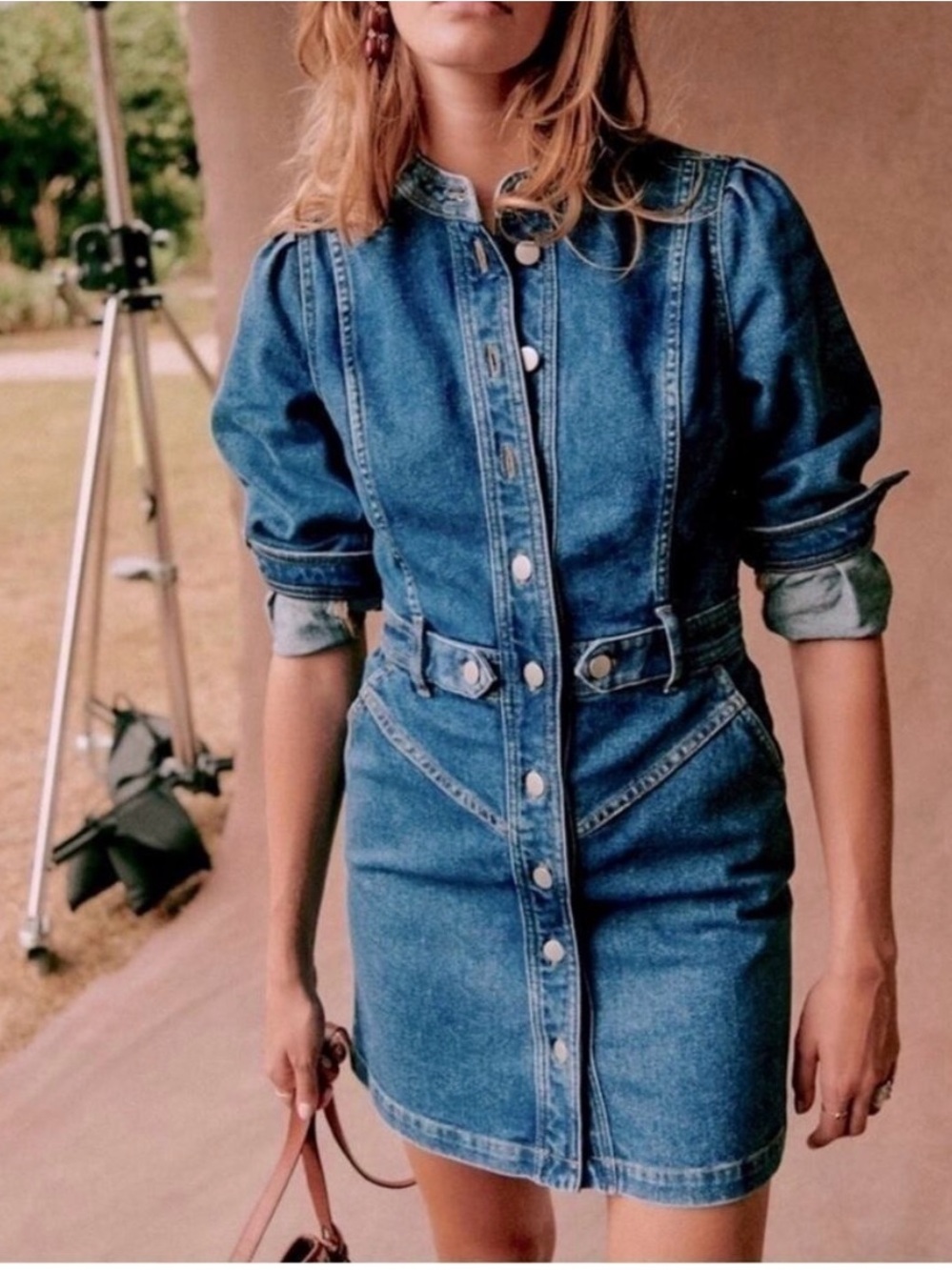Sezane Blue Denim Button-Front Mini Dress
